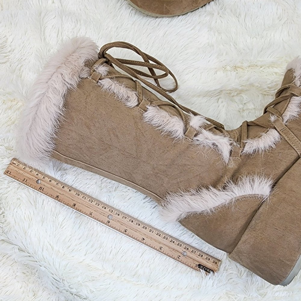 311 Cubby Tan Platform Furry Go-go Mammoth Stomper Knee Boots - Picture 4 of 12